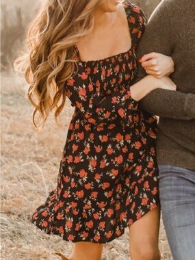 Row A Black Floral Square-Neck Dress with Red Rose Print